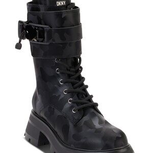 DKNY Womens 1-1/2 Platform Buckle Accent Block Heel Zip-up Leather Combat Boots